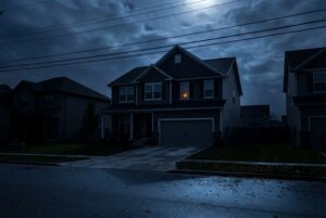 Dark storm clouds over a Wisconsin neighborhood during a power outage, highlighting how propane generators help homes stay prepared during spring and summer storm outages.