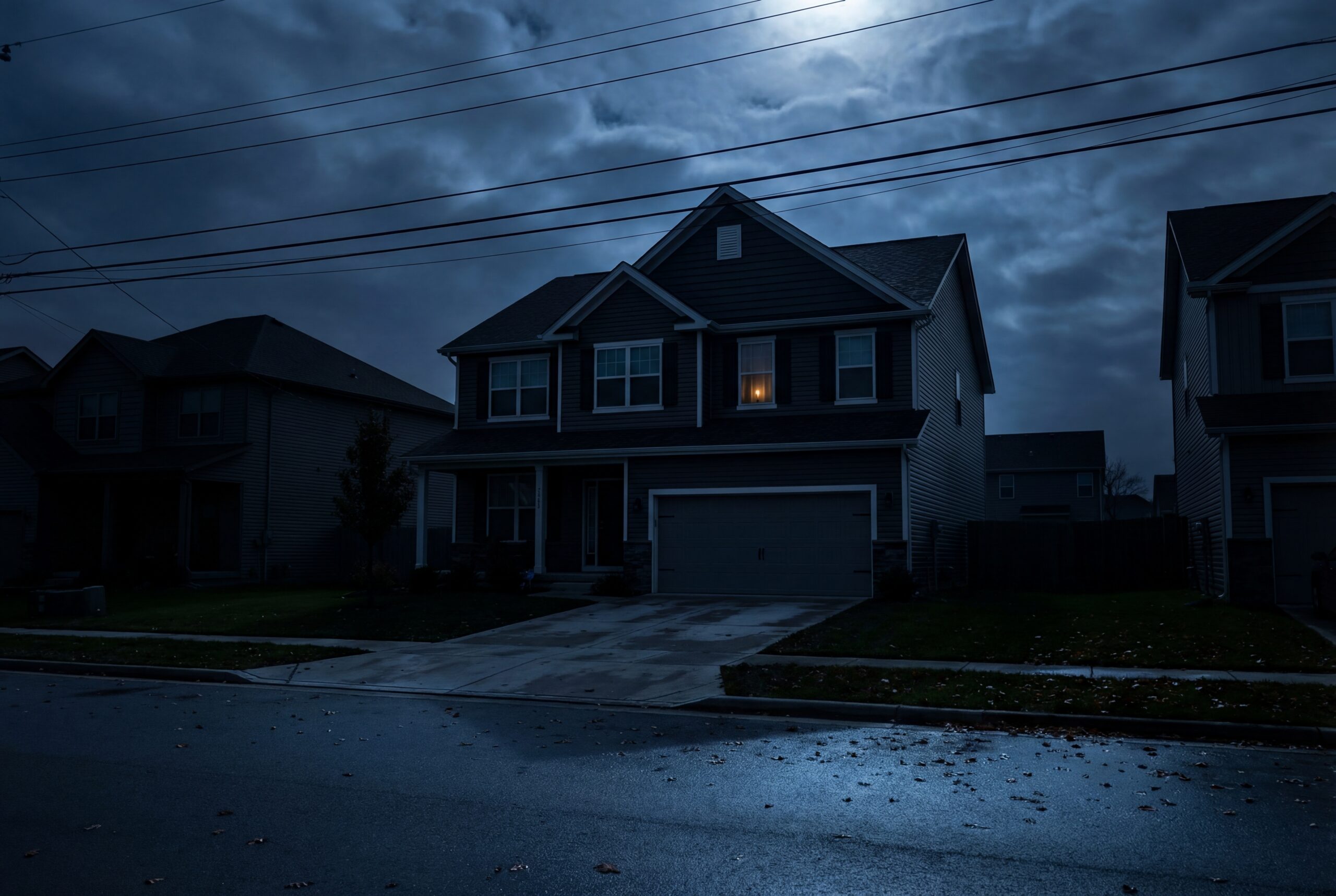 Dark storm clouds over a Wisconsin neighborhood during a power outage, highlighting how propane generators help homes stay prepared during spring and summer storm outages.